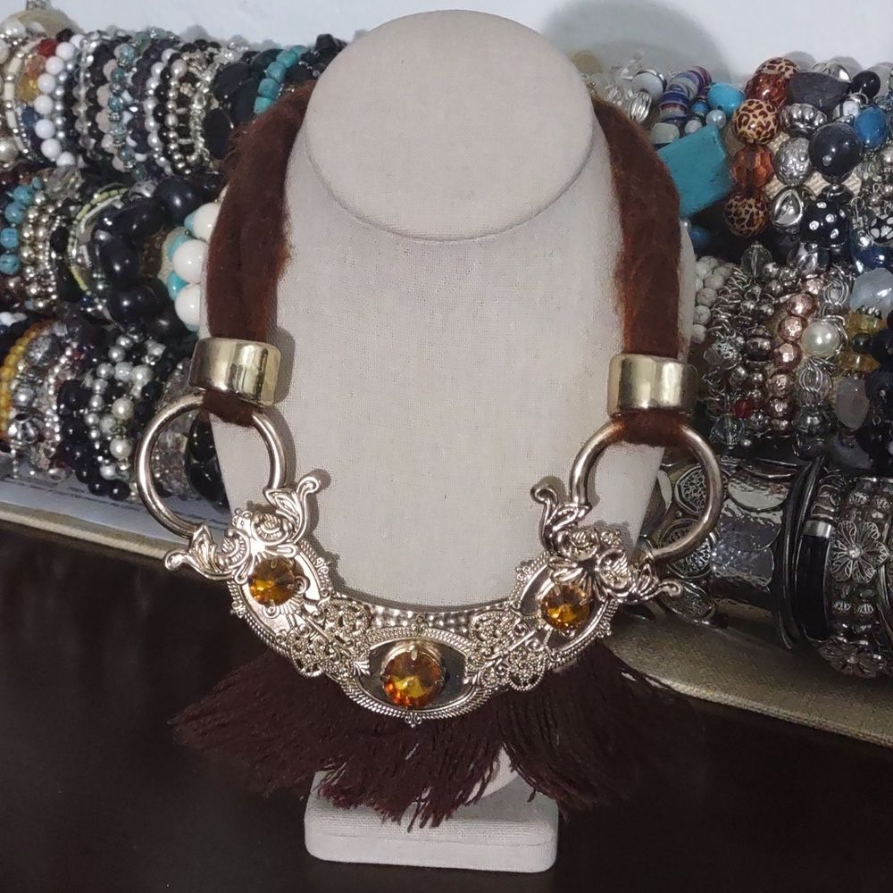 660 Women's Brown Fringe and Gold Costume Statement Necklace - Picture 1 of 6